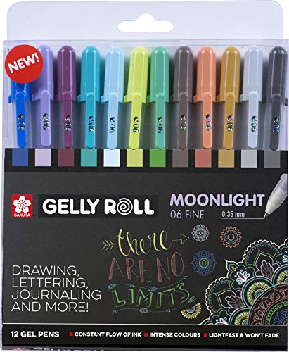 Sakura Gelly Roll Moonlight FINE Juego de 12 bolígrafos de gel, tamaño 6 (0,35 mm), fluorescentes
