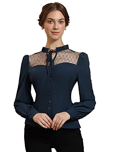 SCARLET DARKNESS Blusa gótica victoriana con cordones para mujer, Azul Oscuro 107-2, S