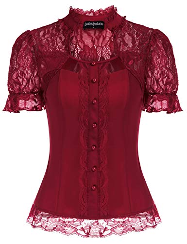 SCARLET DARKNESS Camiseta de manga corta para mujer, estilo steampunk, con cuello alto borgoña M