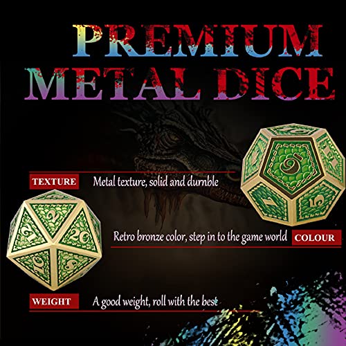 Schleuder Juego de Dados de Metal para Dungeons and Dragons, D&D Poliédricos Dice Set DND D20 D12 D10x2 D8 D6 D4 para Juegos de rol RPG de Dungeons y Mazmorras (Imitation Gold - Green)