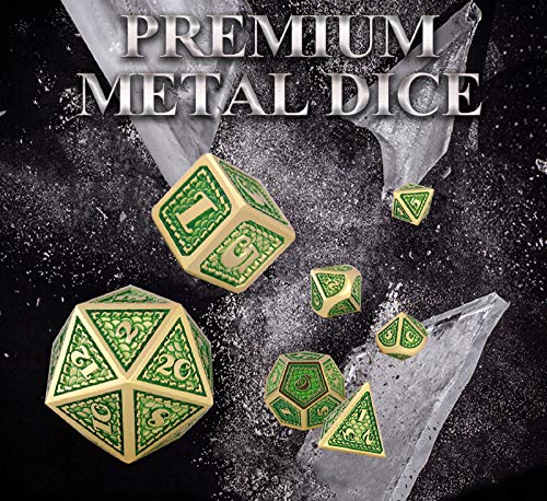Schleuder Juego de Dados de Metal para Dungeons and Dragons, D&D Poliédricos Dice Set DND D20 D12 D10x2 D8 D6 D4 para Juegos de rol RPG de Dungeons y Mazmorras (Imitation Gold - Green)
