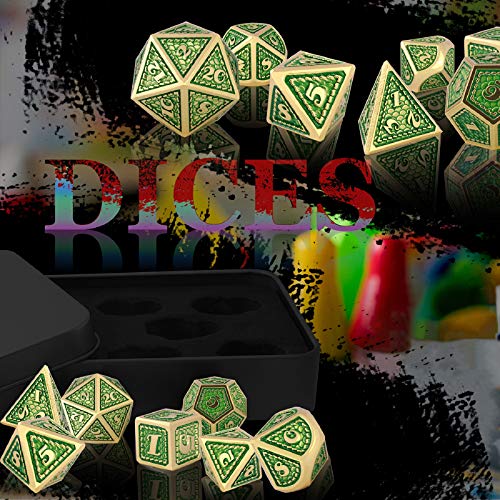 Schleuder Juego de Dados de Metal para Dungeons and Dragons, D&D Poliédricos Dice Set DND D20 D12 D10x2 D8 D6 D4 para Juegos de rol RPG de Dungeons y Mazmorras (Imitation Gold - Green)