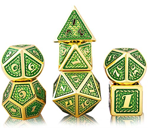 Schleuder Juego de Dados de Metal para Dungeons and Dragons, D&D Poliédricos Dice Set DND D20 D12 D10x2 D8 D6 D4 para Juegos de rol RPG de Dungeons y Mazmorras (Imitation Gold - Green)