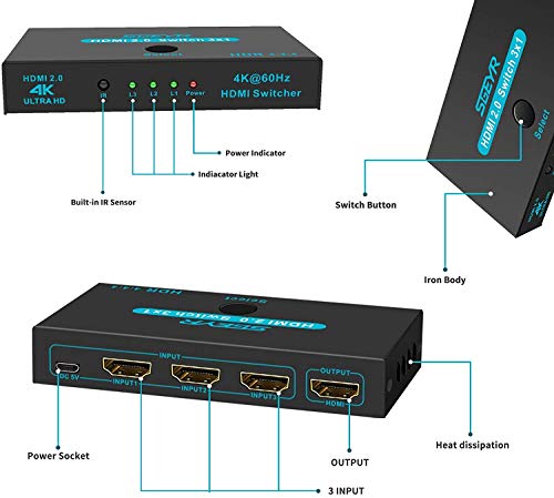 SGEYR HDMI Switch 2.0 HDMI 3 in 1 out Conmutador HDMI Switcher con Control Remoto, Interruptor HDMI automático Compatible con 4K @60Hz 1080P 3D UHD HDCP 2.2 para TV BLU-Ray PS3 PS4 Xbox