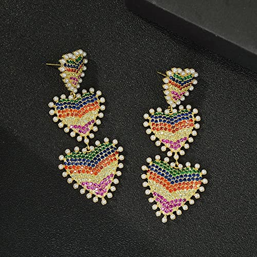 SGR SHOPS Pendientes Industria Pesada Micro Incrustaciones Circón de Colores Amor Mujer Gota Dangles S925 Aguja de Plata Dangler Pendientes con Sentido de Alta Gama Joyas