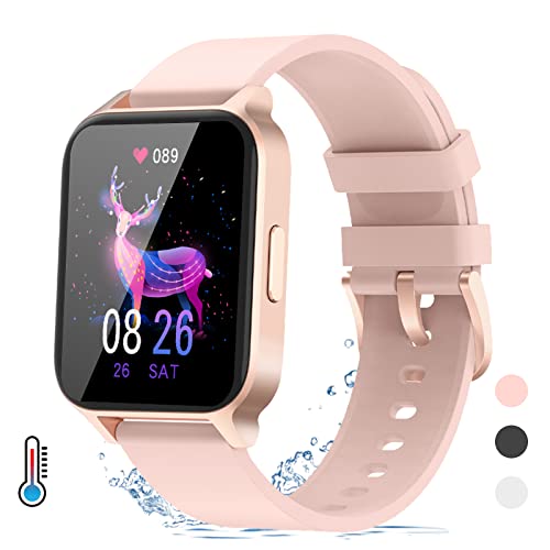Smartwatch,1.69" Reloj Inteligente Mujer con Temperatura,Impermeable IP68 Fitness Reloj 24 Modos Deporte con Pulsómetro Monitor de Sueño Calorías Podómetro para Android iOS (Rosado)
