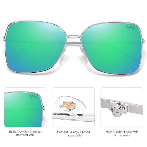 SOJOS Gafas De Sol Para Mujer Moda Cuadrado Oversized Lente Plano Marco Metal SJ1082 (C17 Marco Plateado/Lente Espejo Verde, 63)