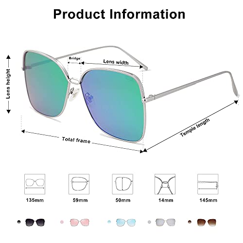 SOJOS Gafas De Sol Para Mujer Moda Cuadrado Oversized Lente Plano Marco Metal SJ1082 (C17 Marco Plateado/Lente Espejo Verde, 63)