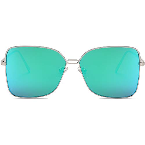 SOJOS Gafas De Sol Para Mujer Moda Cuadrado Oversized Lente Plano Marco Metal SJ1082 (C17 Marco Plateado/Lente Espejo Verde, 63)
