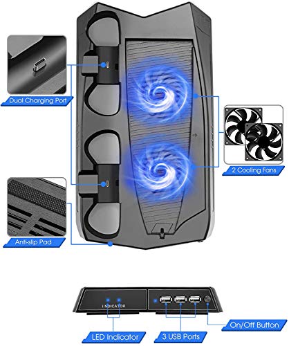 Soporte Vertical para PS5, KEEHOM Refrigerador con 2 Ventiladores, Doble Muelle de Carga de Mando, 3 Puertos USB e Indicadores de Carga, Compatible con Consola Playstation 5 DE / UHD