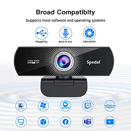 Spedal Webcam 1080p 60fps Full HD Cámara Web con Micrófono para Escritorio Webcam Portátil para PC Webcam USB para Video Chat y Grabación Compatible con Windows Mac Plug and Play