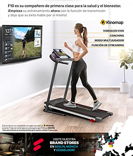 Sportstech F10 Cinta de Correr Modelo 2021 - Marca Alemana de Calidad + Video Eventos y App multijugador - Nueva Consola - | 1HP a 10 km/h | Cinta de Andar con 13 programas, inclinable + Plegable