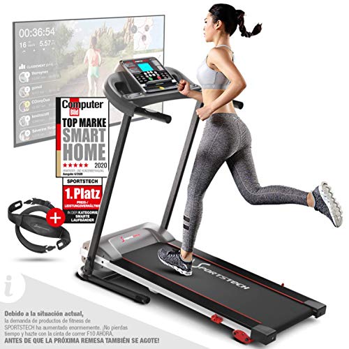 Sportstech F10 Cinta de Correr Modelo 2021 - Marca Alemana de Calidad + Video Eventos y App multijugador - Nueva Consola - | 1HP a 10 km/h | Cinta de Andar con 13 programas, inclinable + Plegable