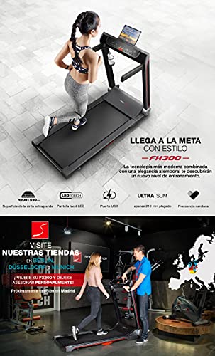 Sportstech FX300 Cinta de Correr Ultrafina| Empresa alemana de calidad | Vídeo Eventos + App Multijugador y USB | Gran superficie de correr 51x122cm - Max. 16 km/h | Sin Montaje- Cinta Correr Plegable