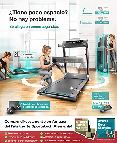 Sportstech FX300 Cinta de Correr Ultrafina| Empresa alemana de calidad | Vídeo Eventos + App Multijugador y USB | Gran superficie de correr 51x122cm - Max. 16 km/h | Sin Montaje- Cinta Correr Plegable
