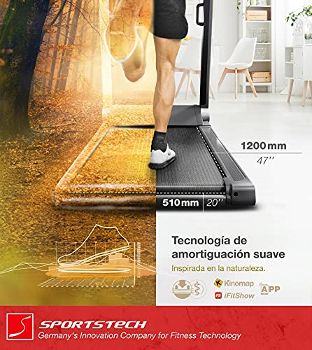 Sportstech FX300 Cinta de Correr Ultrafina| Empresa alemana de calidad | Vídeo Eventos + App Multijugador y USB | Gran superficie de correr 51x122cm - Max. 16 km/h | Sin Montaje- Cinta Correr Plegable