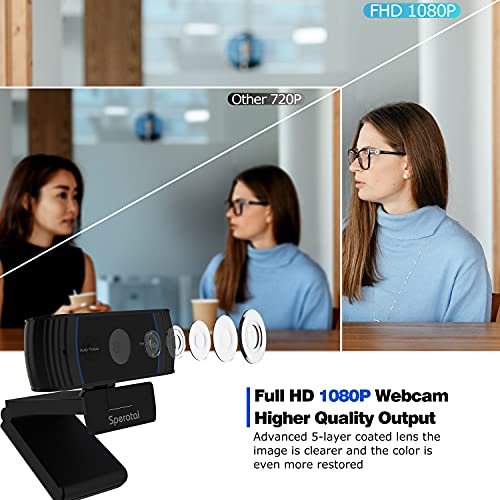 Sporzin Webcam con Microfono de Cancelación de Ruido y Cubierta de Privacidad, Camara Web con Enfoque Automático y Corrección de Iluminación, USB Plug & Play Webcam 1080P HD para Videollamadas/Zoom