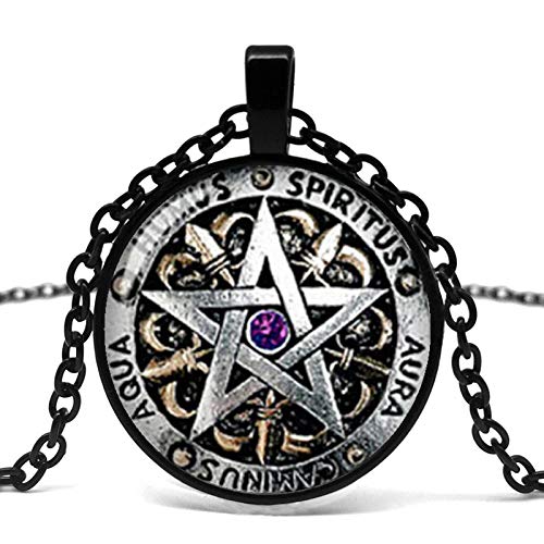 Steam Punk Fashion Wiccan Collar Negro Magic Pagan Pentagram Colgante Redondo Cúpula de Vidrio Regalo Cadena de Hombre Mujer