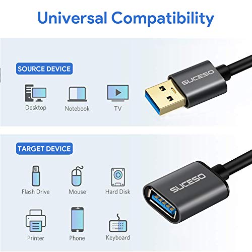 SUCESO Cable Alargador USB 3.0 2M Cable Extension USB Tipo A Macho A Hembra Alta Velocidad 5 Gbps para Impresora,Ratón,Teclado,Hub,Pendrive,Mando de PS3,VR Gafas,Disco Externo,Ordenador y Otros