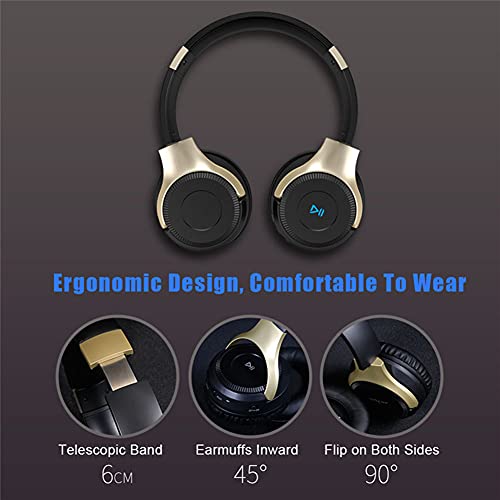 SUN JUNWEI Auriculares inalámbricos Plegables de Audio Bluetooth Auriculares estéreo Micrófono Incorporado con Radio FM Micro SD para teléfono, PC, Tableta, Trabajo, PC,Black Gold