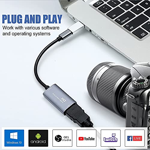 Tarjeta de captura, HDMI a USB Audio Video Capture Card con Type-C a USB 3.0, 4K HD 1080p 30fps Grabber Video Grabber Game Tarjeta de captura HDMI para transmisión en vivo/transmisiones