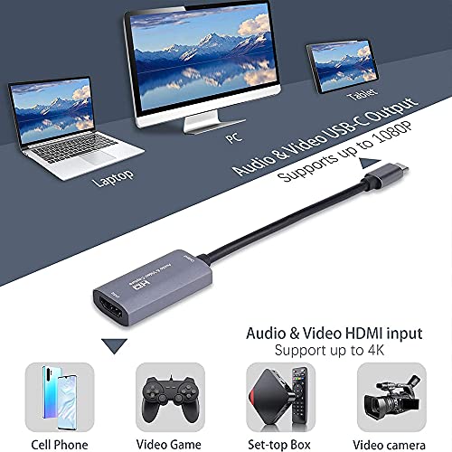 Tarjeta de captura, HDMI a USB Audio Video Capture Card con Type-C a USB 3.0, 4K HD 1080p 30fps Grabber Video Grabber Game Tarjeta de captura HDMI para transmisión en vivo/transmisiones