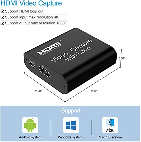 Tarjetas de Captura de Video con Loop out, 1080P 60FPS USB 2.0 Captura HDMI Transmisión en Vivo, Captura HDMI para PS4, Nintendo Switch, Xbox One y Xbox 360
