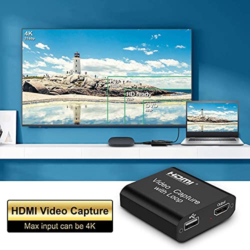 Tarjetas de Captura de Video con Loop out, 1080P 60FPS USB 2.0 Captura HDMI Transmisión en Vivo, Captura HDMI para PS4, Nintendo Switch, Xbox One y Xbox 360