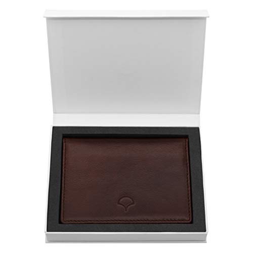 Tarjetero Plegable de Atara: Cuero auténtico, 4 Bolsillos + 1 Bolsillo con Ventana y con tecnología antirrobo RFID, Marrón