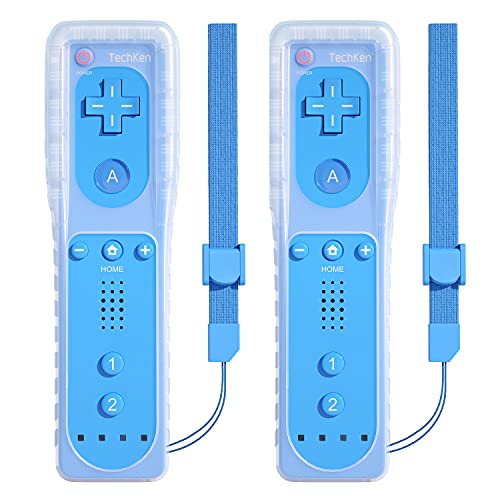 TechKen - Juego de 2 mandos a distancia para Wii, mando a distancia compatible con Wii Remoto de Reemplazo con silicona y correa de muñeca (azul)