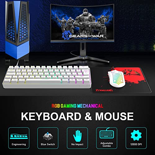 Teclado mecánico para Juegos con Cable UK Layout 62 Teclas USB C Teclado retroiluminado RGB Ajustable + 12000 dpi 26 RGB ratón 7 Botones Anti-Fantasma para Windows/PC/Laptop/PS4(Interruptor Azul)