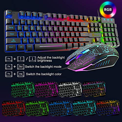 Teclado para juegos con cable Juego de mouse Teclado RGB de tacto mecánico Teclas anti-fantasma + 2400DPI 6 botones LED RGB Botones de mouse para juegos + Alfombrillas de mouse (Negro)