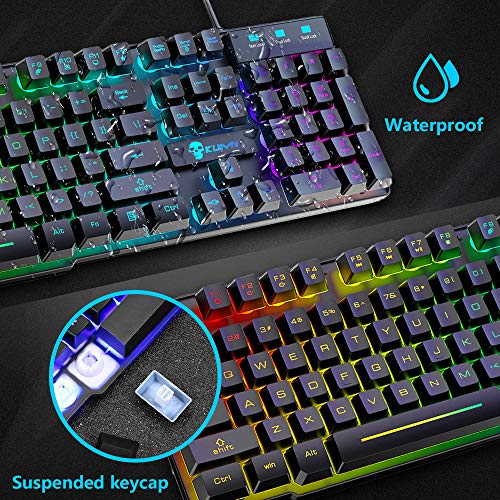 Teclado para juegos con cable Juego de mouse Teclado RGB de tacto mecánico Teclas anti-fantasma + 2400DPI 6 botones LED RGB Botones de mouse para juegos + Alfombrillas de mouse (Negro)