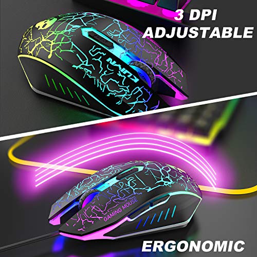 Teclado para juegos con cable Juego de mouse Teclado RGB de tacto mecánico Teclas anti-fantasma + 2400DPI 6 botones LED RGB Botones de mouse para juegos + Alfombrillas de mouse (Negro)