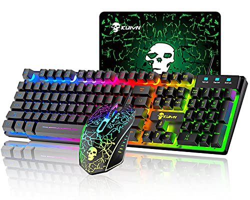 Teclado para juegos con cable Juego de mouse Teclado RGB de tacto mecánico Teclas anti-fantasma + 2400DPI 6 botones LED RGB Botones de mouse para juegos + Alfombrillas de mouse (Negro)