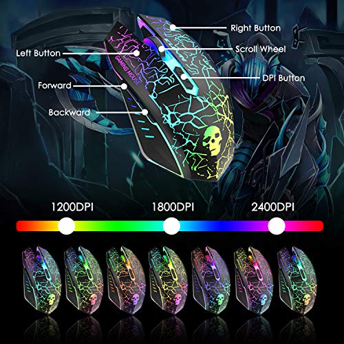 Teclado para juegos con cable Juego de mouse Teclado RGB de tacto mecánico Teclas anti-fantasma + 2400DPI 6 botones LED RGB Botones de mouse para juegos + Alfombrillas de mouse (Negro)