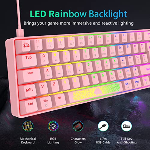 Teclado y ratón, Mecánicos Teclado Gaming Combo Rainbow Retroiluminación,Teclado y Ratón con Cable,ratón Gaming,12 Multimedia Keys, Anti Fantasma, Ratón Gaming programable 6400DPI - Rosa