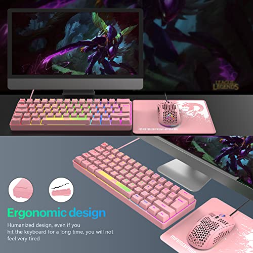 Teclado y ratón, Mecánicos Teclado Gaming Combo Rainbow Retroiluminación,Teclado y Ratón con Cable,ratón Gaming,12 Multimedia Keys, Anti Fantasma, Ratón Gaming programable 6400DPI - Rosa