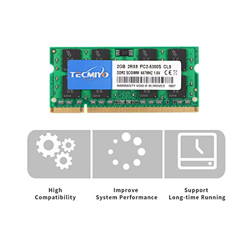 TECMIYO 4GB Kit (2x2GB) PC2 5300s DDR2 667MHz 2RX8 Dual Rank PC2-5300 DDR2-667 1.8V 200pin Sdram Sodimm Non-ECC Unbuffered SODIMM Módulo de Memoria RAM para portátiles