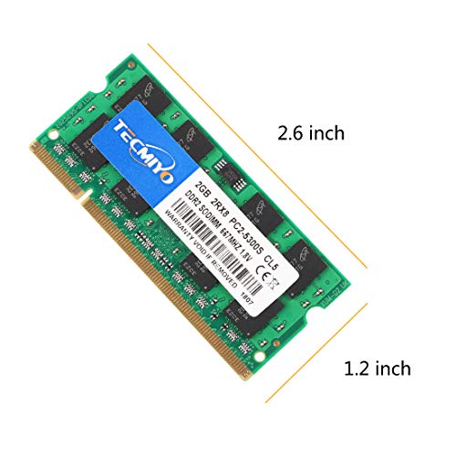 TECMIYO 4GB Kit (2x2GB) PC2 5300s DDR2 667MHz 2RX8 Dual Rank PC2-5300 DDR2-667 1.8V 200pin Sdram Sodimm Non-ECC Unbuffered SODIMM Módulo de Memoria RAM para portátiles