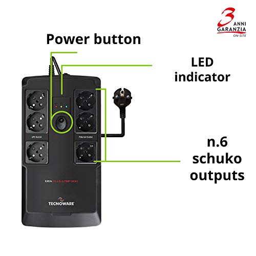 Tecnoware SAI ERA PLUS STRIP 800 - Sistemas de Alimentación Ininterrumpida - 6 Salidas Schuko - Autonomía: 10 min/PC o 40 min/Módem Router - Potencia 800 VA