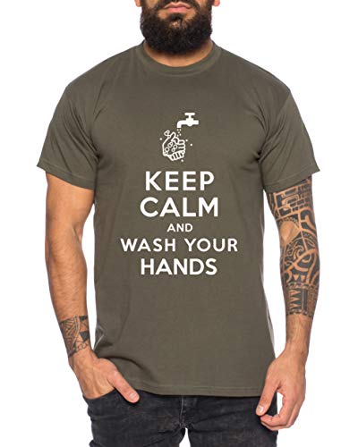 Tee Kiki Wash Your Hands - Camiseta de Hombre Keep Calm China Coronavirus CoVid-19 SARS-CoV-2 Corona Virus, Größe2:Large, Farbe2:Caqui