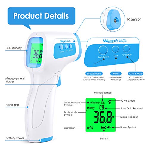 Termometro digital frente Wawech termometro infrarrojos profesional para medir la fiebre instantánea y precisa medico sin contacto para para bebés, niños, adultos