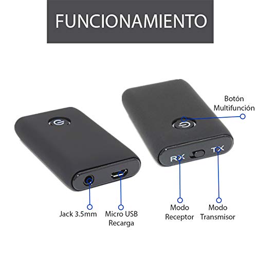Transmisor Bluetooth Adaptador Jack Emisor - Transmisor Bluetooth 5.0 con Adaptador Jack 3.5 mm de Audio para TV, Coche, Auriculares, Altavoces 2 en 1. Emisor y Receptor de Música en Baja Latencia