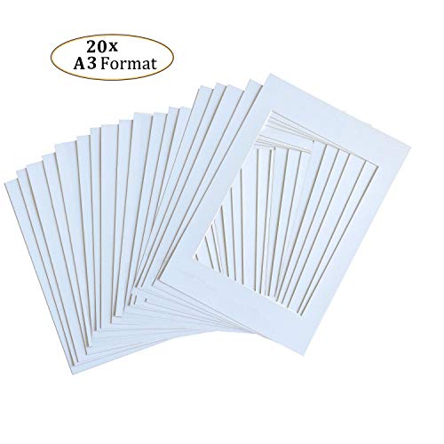 TUKA 20x Paspartú DIN A3 Tamaño Exterior, Tamaño Abierto de los Paspartús: 20,8x29,5cm. Blanco, Marco de Papel Paspartú para Enmarcar Imágenes, Fotos, Carteles, Impresiones Artísticas TKD9100-A3-20x