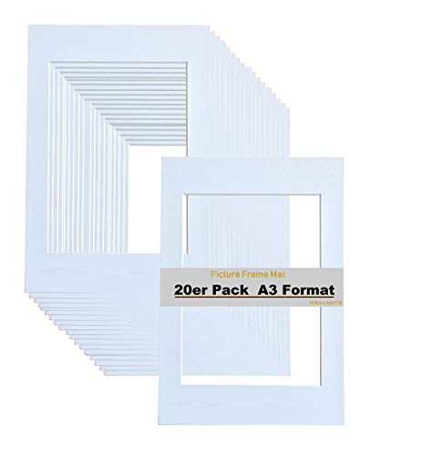 TUKA 20x Paspartú DIN A3 Tamaño Exterior, Tamaño Abierto de los Paspartús: 20,8x29,5cm. Blanco, Marco de Papel Paspartú para Enmarcar Imágenes, Fotos, Carteles, Impresiones Artísticas TKD9100-A3-20x
