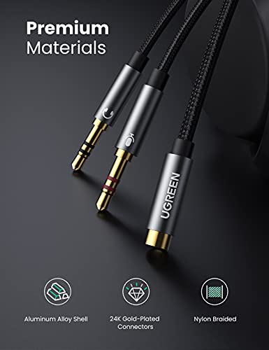 UGREEN Adaptador Jack Micro y Auriculares, Cable Separador de Audio y Micrófono con HiFi Sonido, Mic Audio Splitter Jack 3.5mm 1 Hembra a 2 Macho Compatible con Gaming Cascos de PS4/Xbox, EarPods, PC