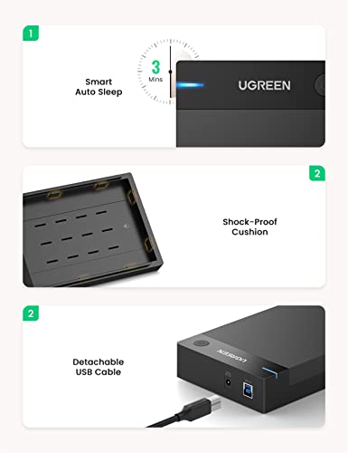 UGREEN Carcasa Disco Duro 3.5", Caja Disco Duro 3.5 USB 3.0 con UASP para HDD SSD SATA I/II/III, 16 TB MAX, Comaptible con PC, PS5, Xbox X/S, PS4, con Cable USB 3.0 y Adaptador de Corriente 12V 2A
