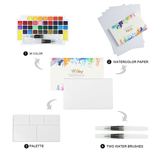 Ulikey Set de Pinturas de Acuarela - 36 colores, 2 pinceles, 2 esponjas de limpieza, 5 papeles.- Perfecto para aficionados incipientes y profesionales (A)