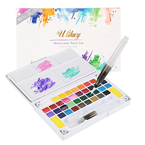 Ulikey Set de Pinturas de Acuarela - 36 colores, 2 pinceles, 2 esponjas de limpieza, 5 papeles.- Perfecto para aficionados incipientes y profesionales (A)